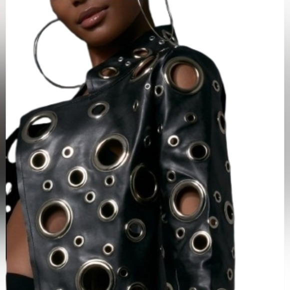 Black Vegan Leather  Grommet Eyelet Cutout Women's Jacket - Picture 8 of 10